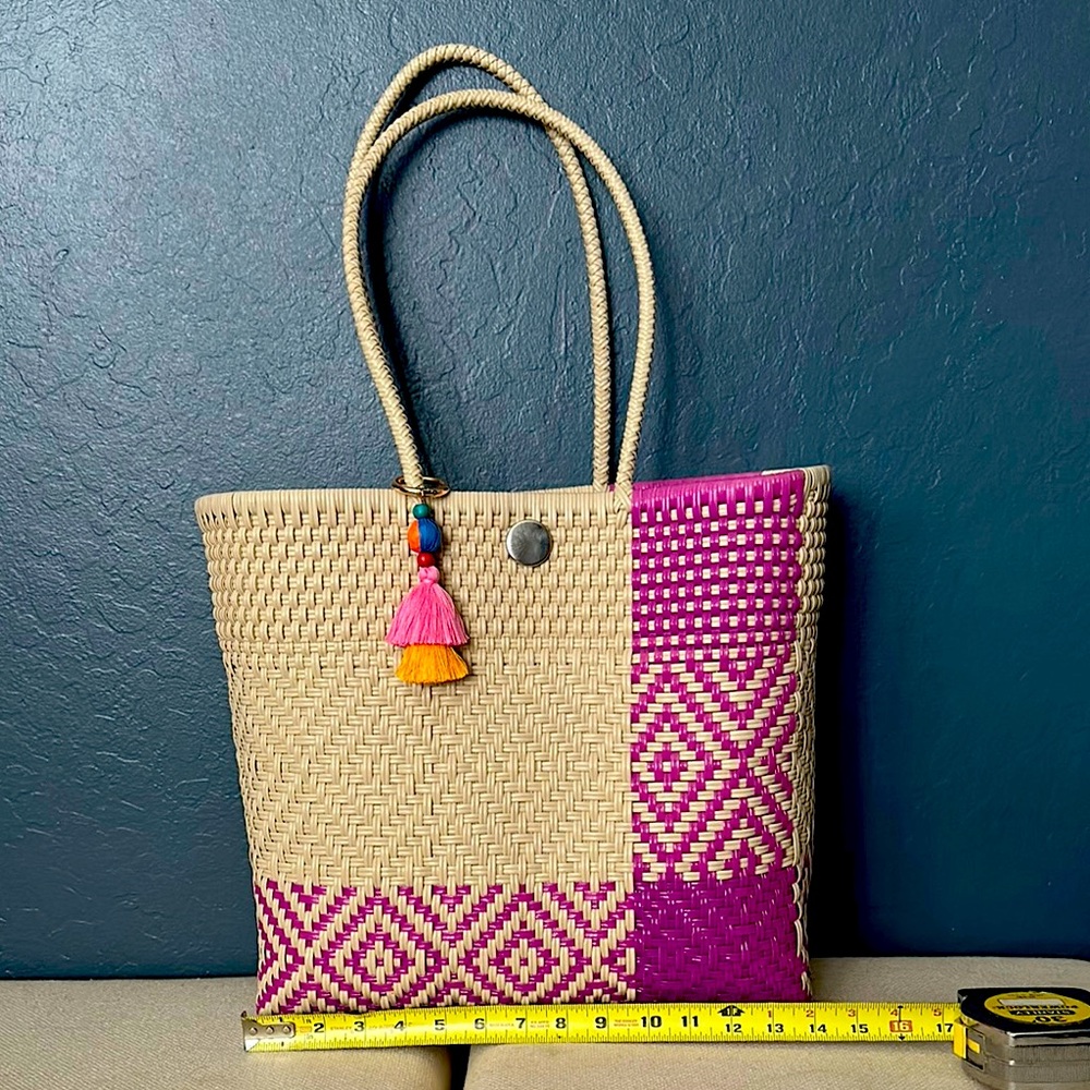 Cream and Pink Geometric recycled Tote Bag with Sturdy Handles